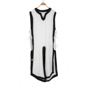 Unique Middle Age Costume V-Neck Sleeveless Lace-Up Side Color Block Tunic Tank Top