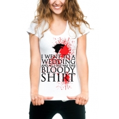 Women's Fashion Letter Blood Printed Round Neck Short Sleeve White T-Shirt