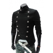 Winter's Fashion Stand Collar Long Sleeve Double Breasted Open Hem Slim Fitted Blazer for Men