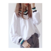 Color Block Ribbed Trim Long Sleeve V Neck Loose Fitted T-Shirt