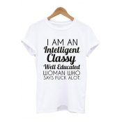 Funny Letter Printed Round Neck Short Sleeve White Casual T-Shirt