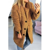 Women's Winter Long Sleeve Notched Lapel Collar Button Front Fur Coat