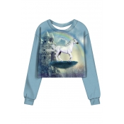 Rainbow Castle Unicorn Pattern Long Sleeve Round Neck Blue Sweatshirt