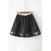 Car Embroidered Hem Elastic Waist Mini A-Line Woolen Skirt
