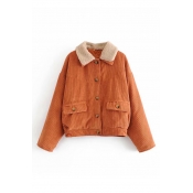 Classic Lapel Collar Long Sleeve Button Front Coffee Corduroy Coat for Juniors