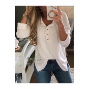 Ladies' Long Sleeve Stand Collar Button Front Slit Side Solid T-Shirt