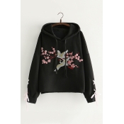 Chic Floral Crane Embroidered Long Sleeve Loose Fitted Hoodie