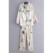Notched Lapel Collar Long Sleeve Shirt Floral Printed Pajama Co-ords