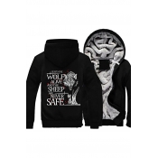 Winter's Warm Color Block Long Sleeve Wolf Letter Print Back Zip Up Hooded Coat