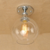 Polished Chrome/Rust Globe Flush Mount Light in Clear Glass for Kitchen Foyer Hallway