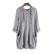 New Stylish Half-Sleeved Hooded High Low Hem Solid Tunic Relaxed T-Shirt with Pockets