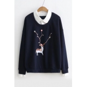 Patched Lapel Collar Long Sleeve Pompom Embellished Deer Printed Sweatshirt