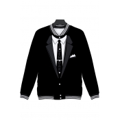 Trendy 3D Color Block Long Sleeve Stand Collar Unisex Black Baseball Jacket