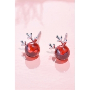 Girls' Cute Elk Shaped Crystal Silver Red Earrings with Rubber Stopper