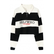 Letter SELFWHO Print Striped Polo Collar Long Sleeve Cropped Sweatshirt