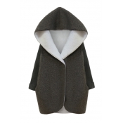 Gray Long Sleeve Hooded Fashion Longline Fleece Coat