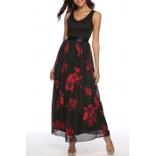 Casual Scoop Neck Sleeveless Floral Printed Zip Embellished Maxi A-Line Black Dress