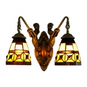 Tiffany Style Dome Wall Lamp Brown Glass 2 Lights Wall Light Fixture with Mermaid