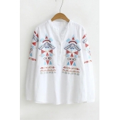V-Neck Long Sleeve Fashion Geometric Embroidered Button Front White Blouse