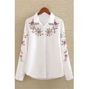 Simple Long Sleeve Floral Embroidered Lapel Collar White Button Down Shirt