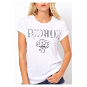 Cartoon Vegetable Letter BROCCOHOLIC Printed Short Sleeve Round Neck Cotton Tee