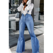 Fashion Light Blue Plain Casual Flare Overall Jeans