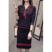 Trendy Blue and Red Striped Trimmed Long Sleeve V-Neck Top Midi Shift Skirt Knitted Co-ords