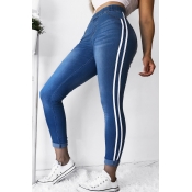 Hot Fashion White Red Striped Side Rolled Cuffs Denim Blue Skinny Jeans