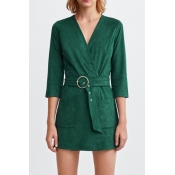 Women's Simple Solid Green V-Neck Wrap Front Belted Double Pockets 3/4 Sleeve Slim Romper