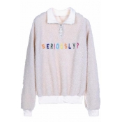 Letter SERIOUSLY Embroidered Long Sleeve Lapel Collar Zip Up Embellished Sweatshirt