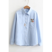 Cartoon Fox Embroidered Pocket Patched Lapel Collar Long Sleeve Button Down Shirt