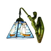 Aqua Sailboat Design Wall Sconce Nautical Tiffany Style Stained Glass Wall Lamp