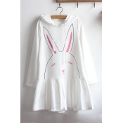 Girls' Cute Cartoon Rabbit Printed Hooded Long Sleeve Mini Cotton Swing Dress