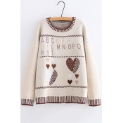 Sweet Letter Heart Jacquard Round Neck Long Sleeve Loose Fitted Sweater
