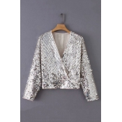 Hot Sexy Long Sleeve V Neck Sequined Embellished Silver Blouse Top