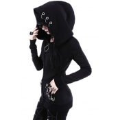 Gothic Black Grommets Detail Zip Closure Long Sleeve Slim Fit Hoodie