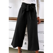 Trendy Bow-Tied High Waist Basic Solid Loose Fitted Wide-Leg Pants