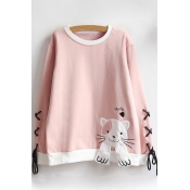 Lace Up Detail Long Sleeve Round Neck Cartoon Cat Embroidered Sweatshirt