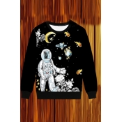 Long Sleeve Round Neck Astronaut Moon Printed Black Sweatshirt for Men