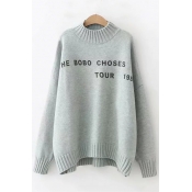 Basic Simple Letter Printed Mock Neck Long Sleeve Loose Fitted Sweater