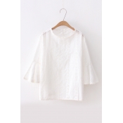 Round Neck Half-Sleeve Bell Sleeve Hollow Out Detail White Pullover Blouse