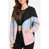 Pink Colorblock Long Sleeve Zip Closure Leisure Hooded Coat
