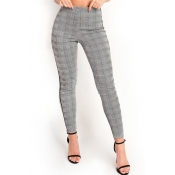 Fashion Side Striped Classic Houndstooth Printed High-Rise Gray Skinny Pants