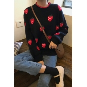 Sweet All Over Strawberry Printed Ruffle Trimmed Round Neck Long Sleeve Black Sweater