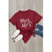 Simple Short Sleeve V Neck Letter MOM LIFE Heart Printed Leisure Tee