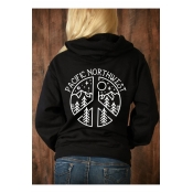 Fashionable Long Sleeve Letter PACIFIC NORTHWEST Printed Back Black Casual Hoodie