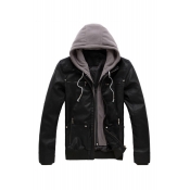 Trendy Gray Hood Patchwork Long Sleeve Multi-Zip Embellished PU Zip Up Black Coat