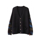 Winter's Warm Cozy Fashion Printed Long Sleeve V-Neck Button Down Relaxed Cardigan