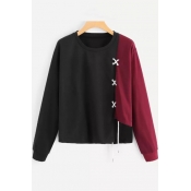 Colorblock Lace Up Long Sleeve Round Neck Loose Sweatshirt