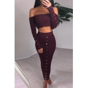 Sexy Long Sleeve Off The Should Cropped Top Midi Pencil Skirts Rivets Embellished Co-ords